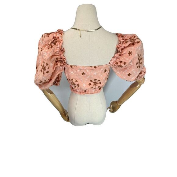 Zara XS Womens Embroidered Cropped Top  Puff Sleeve Floral Coral Peach  - Picture 11 of 15